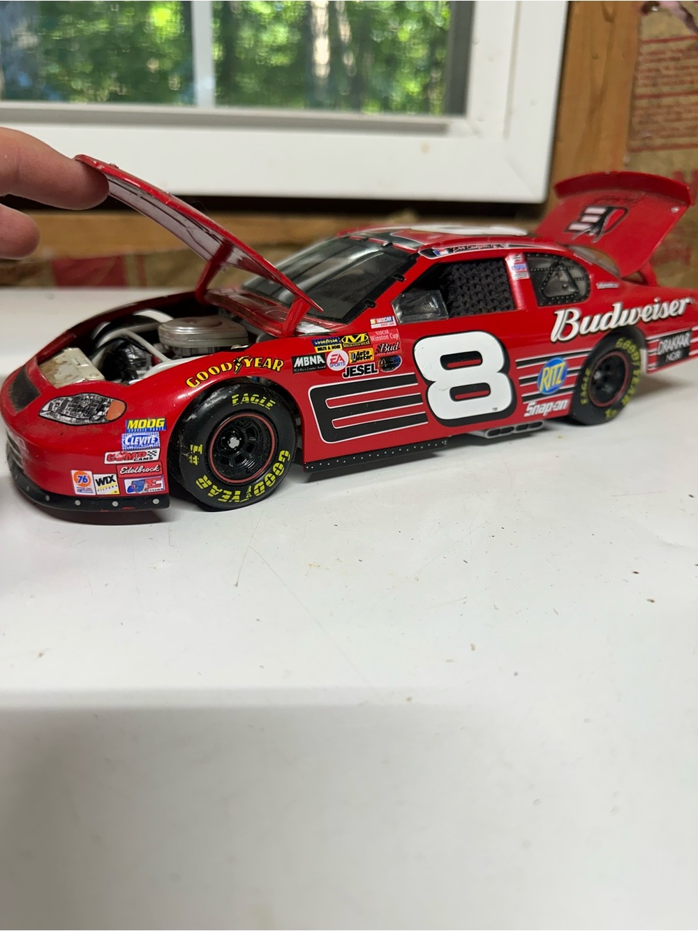 Budweiser Red #8 Die-Cast Race Car Toy with Opening Hood
